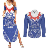 Queen Salote College 100 Years Personalized Couples Matching Summer Maxi Dress and Long Sleeve Button Shirt Tonga QSC Heilala Lei Blue Ngatu Pattern LT14 Blue - Polynesian Pride