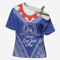 Queen Salote College 100 Years Personalized Cross Shoulder Shirt Tonga QSC Heilala Lei Blue Ngatu Pattern LT14 Female Blue - Polynesian Pride
