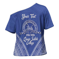 Queen Salote College 100 Years Personalized Cross Shoulder Shirt Tonga QSC Heilala Lei Blue Ngatu Pattern LT14 - Polynesian Pride
