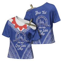 Queen Salote College 100 Years Personalized Cross Shoulder Shirt Tonga QSC Heilala Lei Blue Ngatu Pattern LT14 - Polynesian Pride