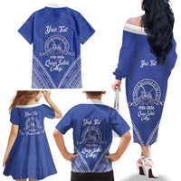 Queen Salote College 100 Years Personalized Family Matching Off The Shoulder Long Sleeve Dress and Hawaiian Shirt Tonga QSC Heilala Lei Blue Ngatu Pattern