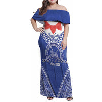 Queen Salote College 100 Years Personalized Family Matching Off Shoulder Maxi Dress and Hawaiian Shirt Tonga QSC Heilala Lei Blue Ngatu Pattern
