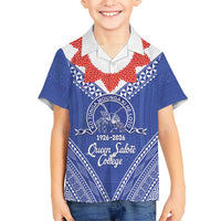 Queen Salote College 100 Years Personalized Family Matching Summer Maxi Dress and Hawaiian Shirt Tonga QSC Heilala Lei Blue Ngatu Pattern