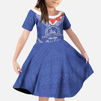 Queen Salote College 100 Years Personalized Family Matching Tank Maxi Dress and Hawaiian Shirt Tonga QSC Heilala Lei Blue Ngatu Pattern