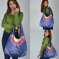 Queen Salote College 100 Years Personalized Grocery Bag Tonga QSC Heilala Lei Blue Ngatu Pattern LT14 - Polynesian Pride