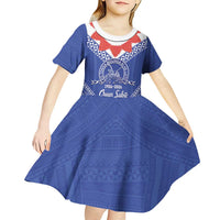 Queen Salote College 100 Years Personalized Kid Short Sleeve Dress Tonga QSC Heilala Lei Blue Ngatu Pattern LT14 - Polynesian Pride