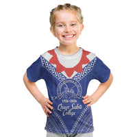 Queen Salote College 100 Years Personalized Kid T Shirt Tonga QSC Heilala Lei Blue Ngatu Pattern LT14 Blue - Polynesian Pride