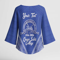 Queen Salote College 100 Years Personalized Kimono Sleeve Blouse Tonga QSC Heilala Lei Blue Ngatu Pattern LT14 - Polynesian Pride