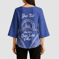 Queen Salote College 100 Years Personalized Kimono Sleeve Blouse Tonga QSC Heilala Lei Blue Ngatu Pattern LT14 - Polynesian Pride