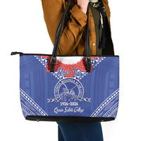 Queen Salote College 100 Years Personalized Leather Tote Bag Tonga QSC Heilala Lei Blue Ngatu Pattern LT14 - Polynesian Pride