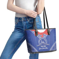 Queen Salote College 100 Years Personalized Leather Tote Bag Tonga QSC Heilala Lei Blue Ngatu Pattern LT14 - Polynesian Pride