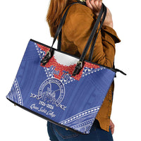 Queen Salote College 100 Years Personalized Leather Tote Bag Tonga QSC Heilala Lei Blue Ngatu Pattern LT14 - Polynesian Pride