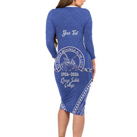 Queen Salote College 100 Years Personalized Long Sleeve Bodycon Dress Tonga QSC Heilala Lei Blue Ngatu Pattern LT14 - Polynesian Pride