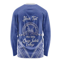 Queen Salote College 100 Years Personalized Long Sleeve Shirt Tonga QSC Heilala Lei Blue Ngatu Pattern LT14 - Polynesian Pride