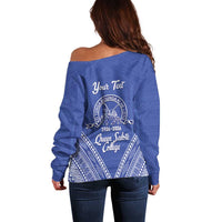 Queen Salote College 100 Years Personalized Off Shoulder Sweater Tonga QSC Heilala Lei Blue Ngatu Pattern LT14 - Polynesian Pride