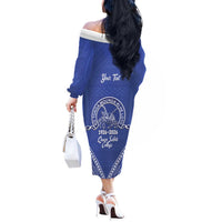 Queen Salote College 100 Years Personalized Off The Shoulder Long Sleeve Dress Tonga QSC Heilala Lei Blue Ngatu Pattern LT14 - Polynesian Pride