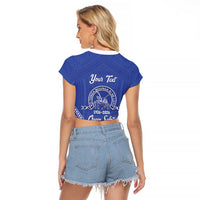 Queen Salote College 100 Years Personalized Raglan Cropped T Shirt Tonga QSC Heilala Lei Blue Ngatu Pattern LT14 - Polynesian Pride