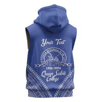 Queen Salote College 100 Years Personalized Sleeveless Hoodie Tonga QSC Heilala Lei Blue Ngatu Pattern LT14 - Polynesian Pride