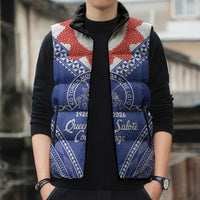Queen Salote College 100 Years Personalized Sleeveless Puffer Jacket Tonga QSC Heilala Lei Blue Ngatu Pattern LT14 - Polynesian Pride