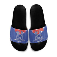 Queen Salote College 100 Years Personalized Slide Sandals Tonga QSC Heilala Lei Blue Ngatu Pattern LT14 Blue - Polynesian Pride