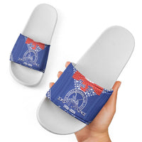 Queen Salote College 100 Years Personalized Slide Sandals Tonga QSC Heilala Lei Blue Ngatu Pattern LT14 - Polynesian Pride
