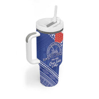 Queen Salote College 100 Years Personalized Tumbler With Handle Tonga QSC Heilala Lei Blue Ngatu Pattern LT14 - Polynesian Pride