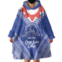 Queen Salote College 100 Years Personalized Wearable Blanket Hoodie Tonga QSC Heilala Lei Blue Ngatu Pattern LT14 - Polynesian Pride