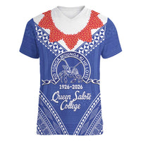 Queen Salote College 100 Years Personalized Women V-Neck T-Shirt Tonga QSC Heilala Lei Blue Ngatu Pattern LT14 Female Blue - Polynesian Pride
