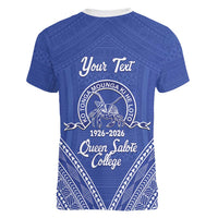 Queen Salote College 100 Years Personalized Women V-Neck T-Shirt Tonga QSC Heilala Lei Blue Ngatu Pattern LT14 - Polynesian Pride