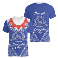 Queen Salote College 100 Years Personalized Women V-Neck T-Shirt Tonga QSC Heilala Lei Blue Ngatu Pattern LT14 - Polynesian Pride