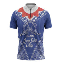 Queen Salote College 100 Years Personalized Zipper Polo Shirt Tonga QSC Heilala Lei Blue Ngatu Pattern LT14 Blue - Polynesian Pride