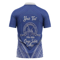 Queen Salote College 100 Years Personalized Zipper Polo Shirt Tonga QSC Heilala Lei Blue Ngatu Pattern LT14 - Polynesian Pride
