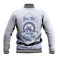 Queen Salote College 100 Years Personalized Baseball Jacket Tonga QSC Heilala Lei White Ngatu Pattern LT14 - Polynesian Pride