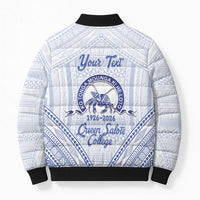 Queen Salote College 100 Years Personalized Bomber Puffer Jacket Tonga QSC Heilala Lei White Ngatu Pattern LT14 - Polynesian Pride