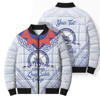 Queen Salote College 100 Years Personalized Bomber Puffer Jacket Tonga QSC Heilala Lei White Ngatu Pattern LT14 - Polynesian Pride