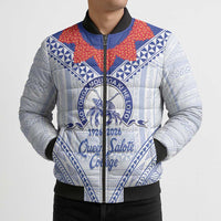 Queen Salote College 100 Years Personalized Bomber Puffer Jacket Tonga QSC Heilala Lei White Ngatu Pattern LT14 - Polynesian Pride