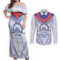 Queen Salote College 100 Years Personalized Couples Matching Off Shoulder Maxi Dress and Long Sleeve Button Shirt Tonga QSC Heilala Lei White Ngatu Pattern LT14 White - Polynesian Pride