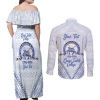 Queen Salote College 100 Years Personalized Couples Matching Off Shoulder Maxi Dress and Long Sleeve Button Shirt Tonga QSC Heilala Lei White Ngatu Pattern LT14 - Polynesian Pride