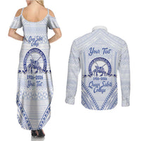 Queen Salote College 100 Years Personalized Couples Matching Summer Maxi Dress and Long Sleeve Button Shirt Tonga QSC Heilala Lei White Ngatu Pattern LT14 - Polynesian Pride