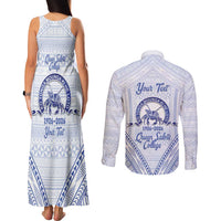 Queen Salote College 100 Years Personalized Couples Matching Tank Maxi Dress and Long Sleeve Button Shirt Tonga QSC Heilala Lei White Ngatu Pattern LT14 - Polynesian Pride