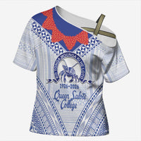 Queen Salote College 100 Years Personalized Cross Shoulder Shirt Tonga QSC Heilala Lei White Ngatu Pattern LT14 Female White - Polynesian Pride