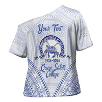 Queen Salote College 100 Years Personalized Cross Shoulder Shirt Tonga QSC Heilala Lei White Ngatu Pattern LT14 - Polynesian Pride