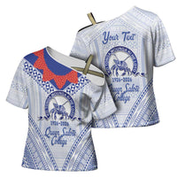Queen Salote College 100 Years Personalized Cross Shoulder Shirt Tonga QSC Heilala Lei White Ngatu Pattern LT14 - Polynesian Pride