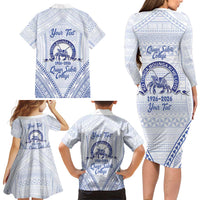 Queen Salote College 100 Years Personalized Family Matching Long Sleeve Bodycon Dress and Hawaiian Shirt Tonga QSC Heilala Lei White Ngatu Pattern
