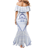 Queen Salote College 100 Years Personalized Family Matching Mermaid Dress and Hawaiian Shirt Tonga QSC Heilala Lei White Ngatu Pattern