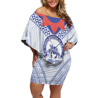 Queen Salote College 100 Years Personalized Off Shoulder Short Dress Tonga QSC Heilala Lei White Ngatu Pattern LT14 Women White - Polynesian Pride