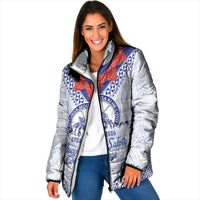 Queen Salote College 100 Years Personalized Padded Jacket Tonga QSC Heilala Lei White Ngatu Pattern LT14 Women White - Polynesian Pride