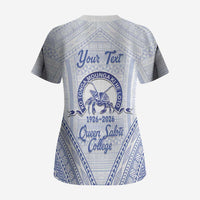 Queen Salote College 100 Years Personalized Scrub Top Tonga QSC Heilala Lei White Ngatu Pattern LT14 - Polynesian Pride
