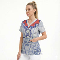 Queen Salote College 100 Years Personalized Scrub Top Tonga QSC Heilala Lei White Ngatu Pattern LT14 - Polynesian Pride