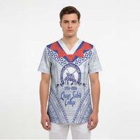 Queen Salote College 100 Years Personalized Scrub Top Tonga QSC Heilala Lei White Ngatu Pattern LT14 - Polynesian Pride